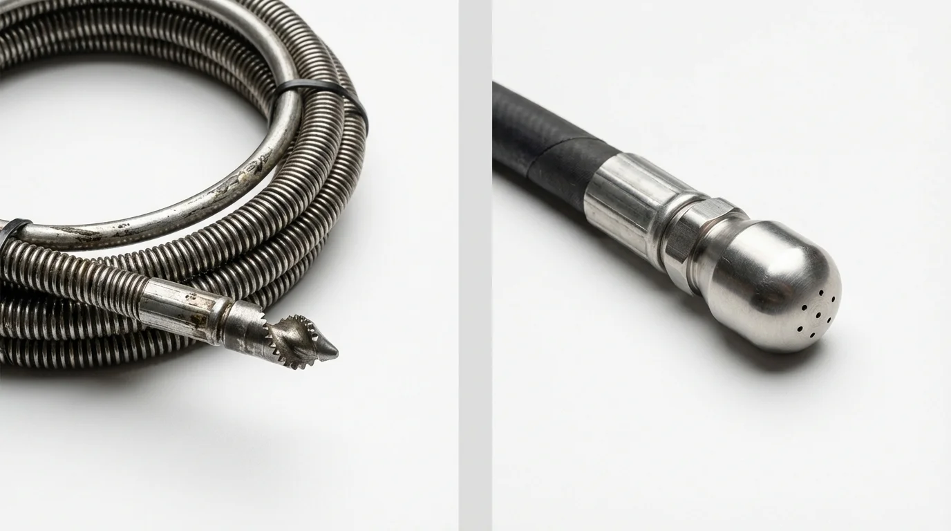 Drain snake cable and hydro jetting nozzle used for drain cleaning in El Centro, CA