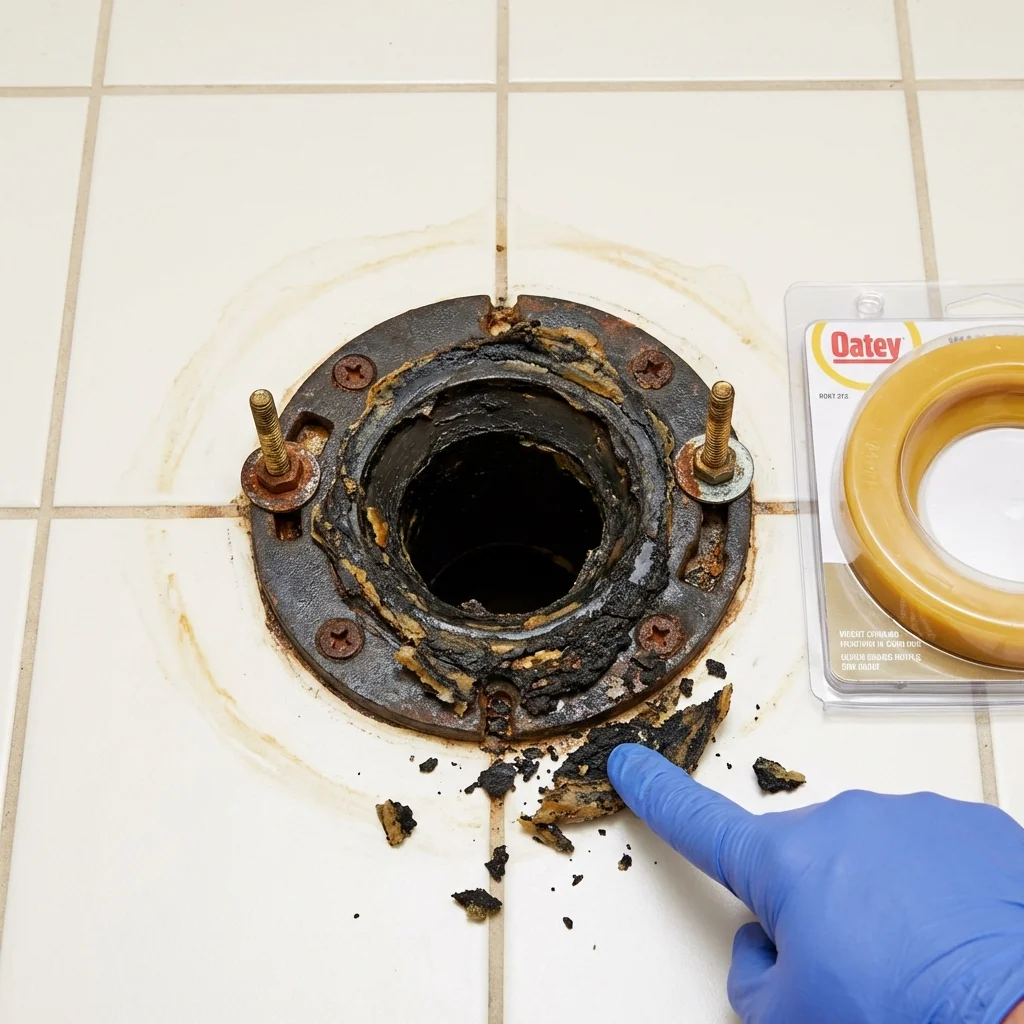 Failed wax ring showing water seepage at the base of a toilet in a El Centro, CA home